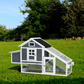 Removable Tray Ramp Wooden Outdoor Chicken Hutch Coop With Running Cage With Wheels (Option: Gray)